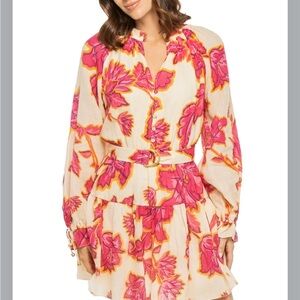 KIVARI Rhia Mini Dress in Rowen Floral Pink Cream Ramie - Size 4